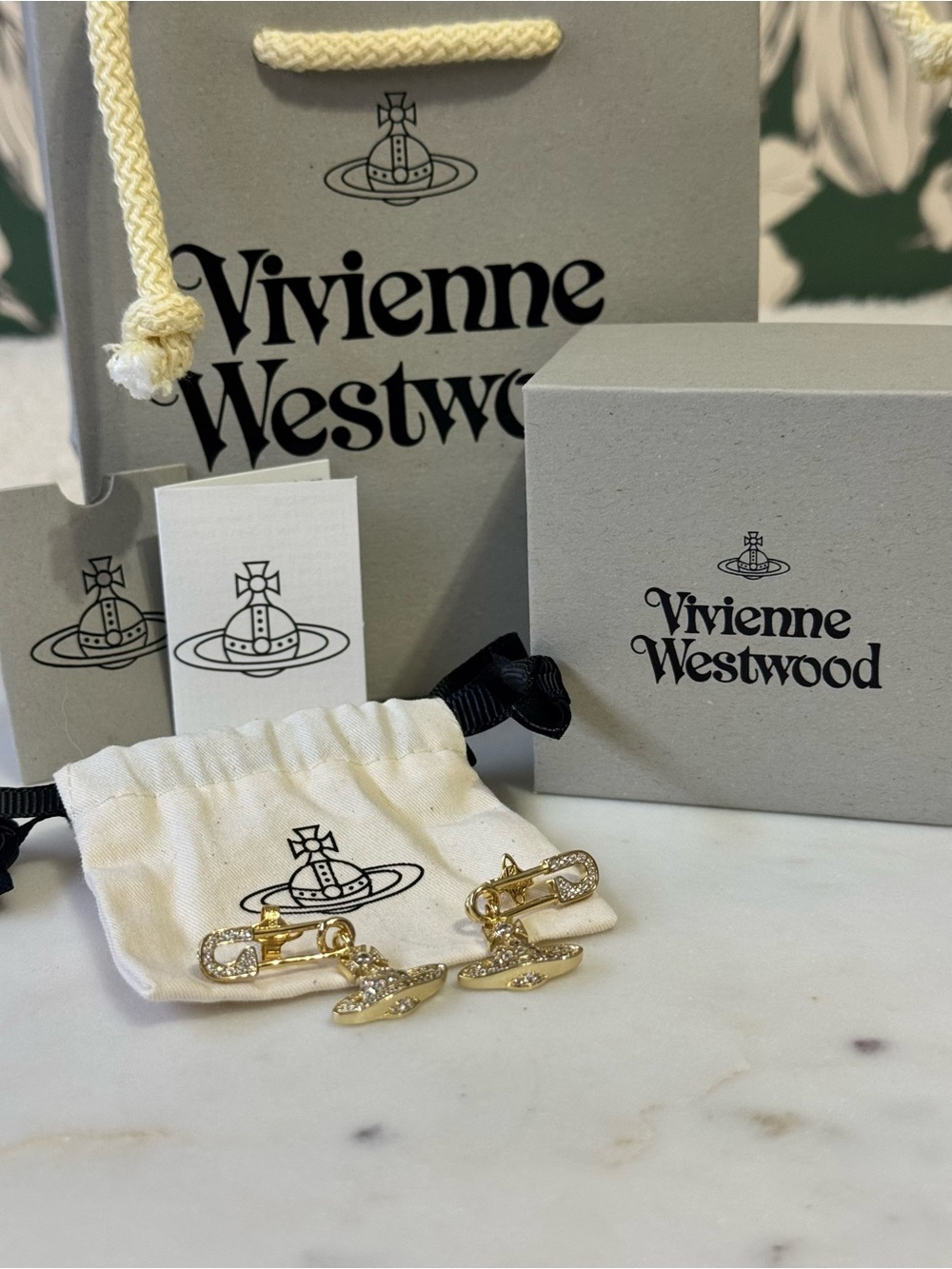 Vivienne Westwood Gold Crystal Orb Safety Pin Drop Earrings FULL INCLUSION